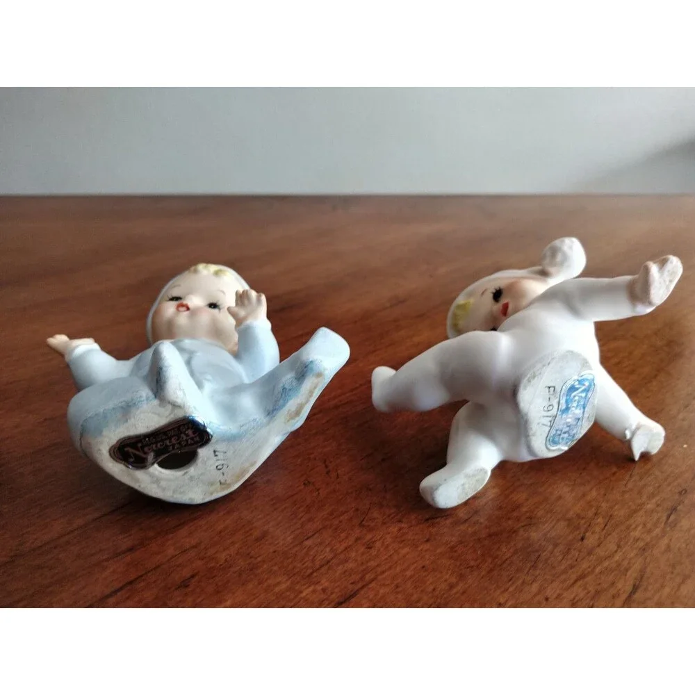 Vintage Figurines Japan Lot Of 2 Pajama Baby Pixie Norcrest 1950s 60s Blue Wht